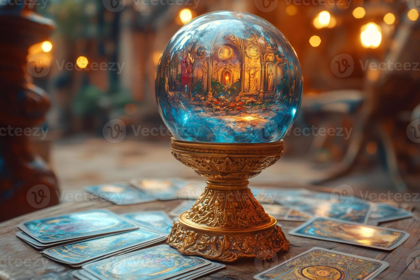 Crystal Ball Reflecting Mystical Scene with Tarot Cards on Wooden Table photo