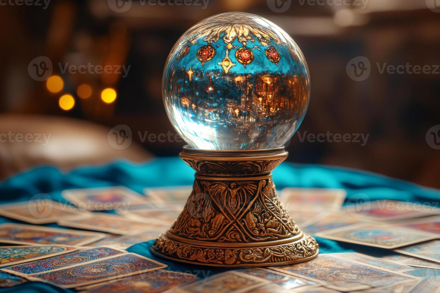 Crystal Ball Reflecting Stained Glass Window on Tarot Cards Spread on Teal Cloth photo