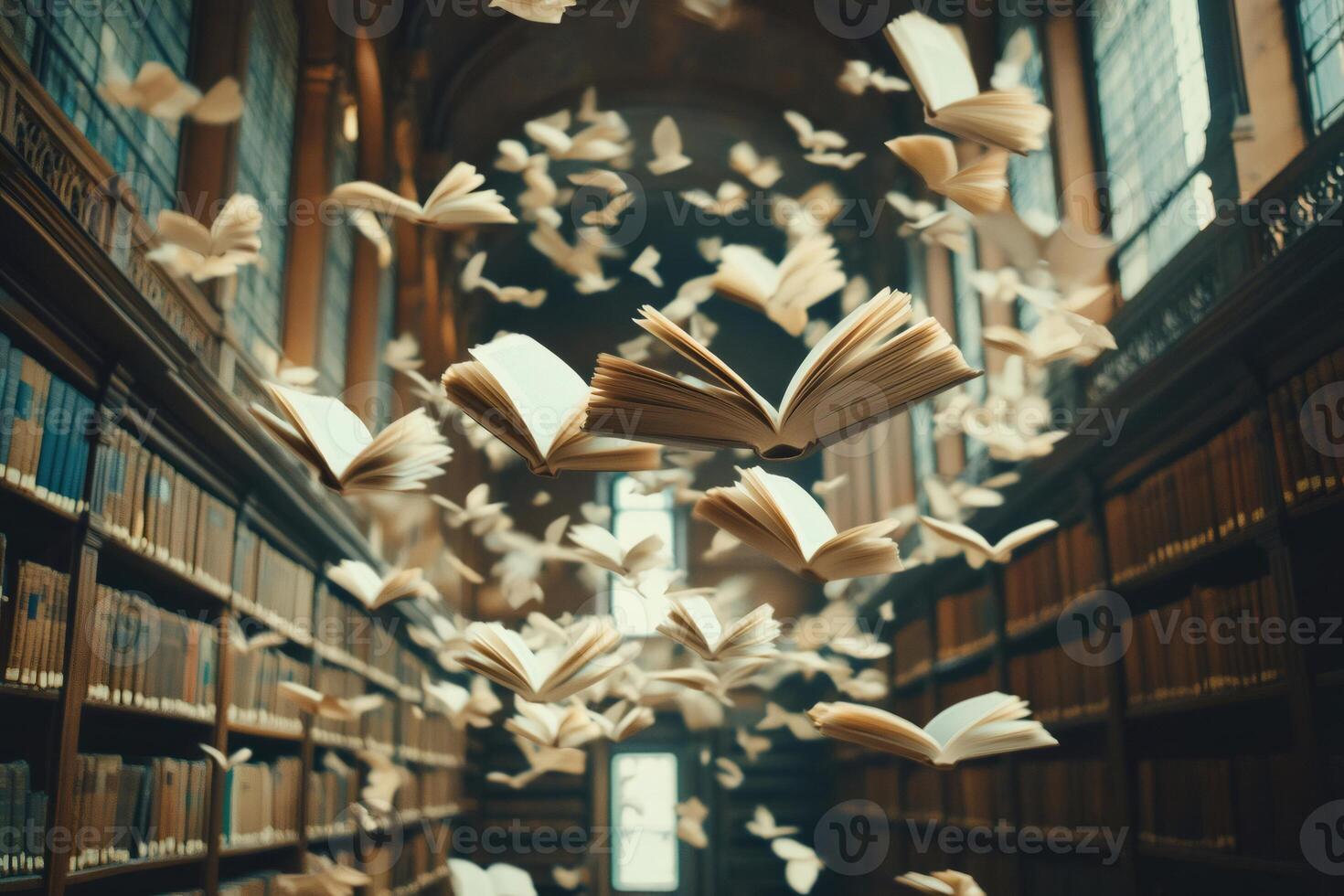 Open books flying in an old library, concept of knowledge and education photo