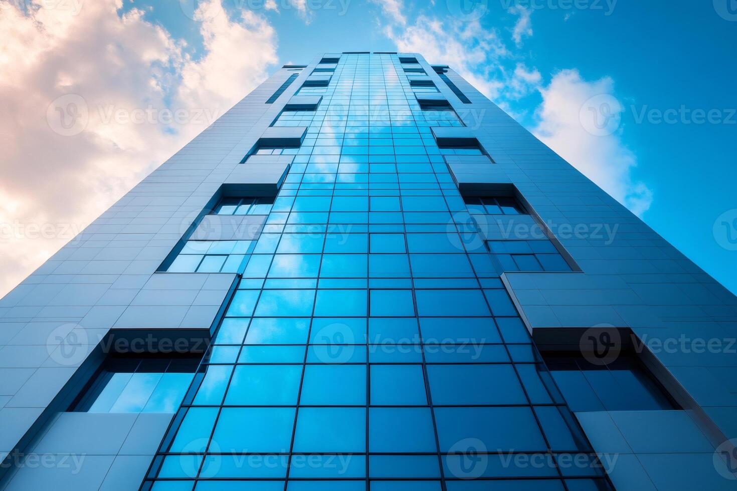 Modern glass skyscraper reflecting blue sky and clouds photo