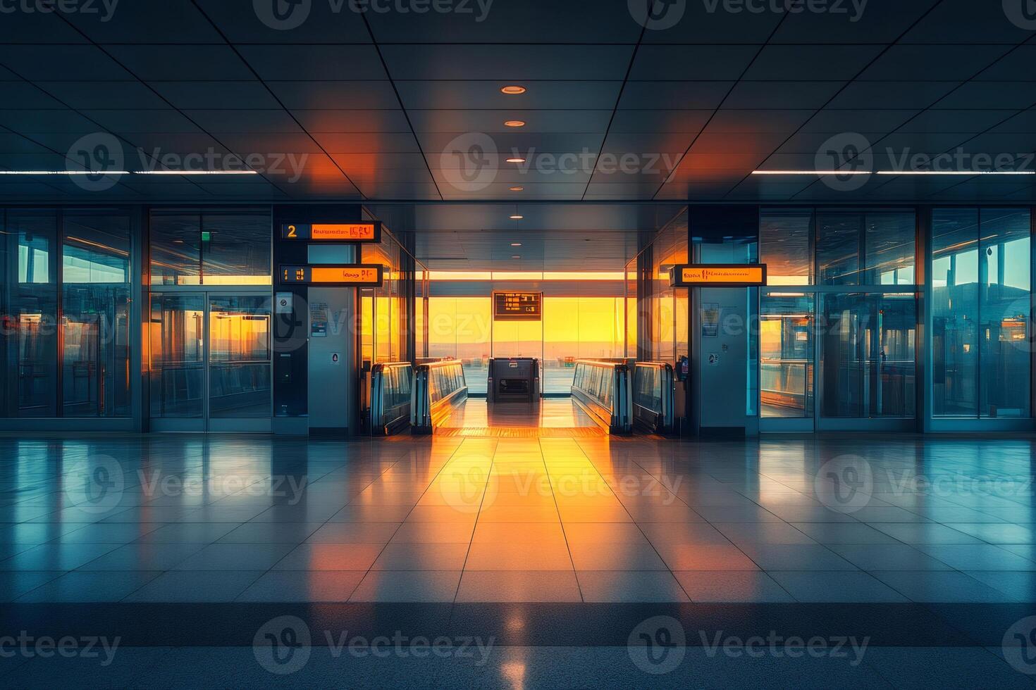 Empty Airport Terminal with Moving Walkways at Sunset photo