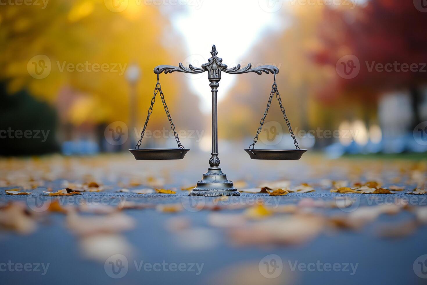 Scales of justice symbolize balance and law in autumnal setting photo
