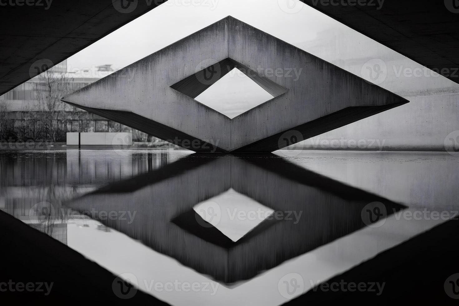 Concrete sculpture reflecting in water under bridge photo