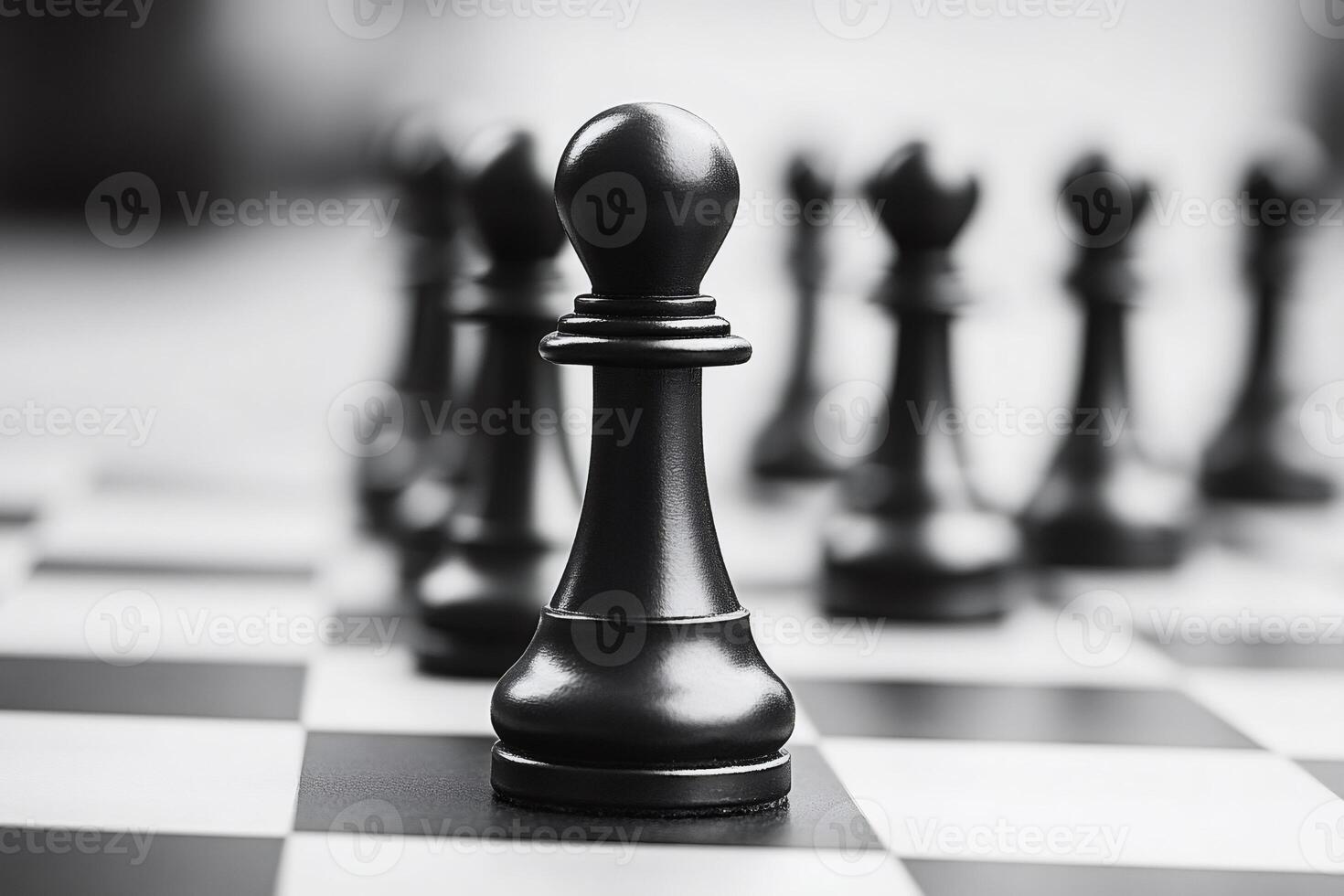 Black pawn standing in front of blurred chess pieces on chessboard photo