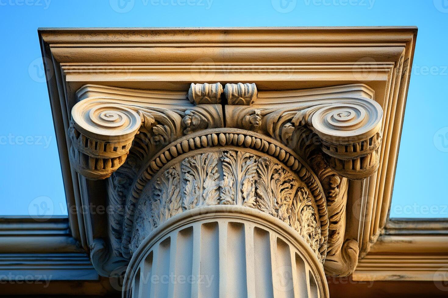 Ionic order column capital reaching for a clear blue sky photo