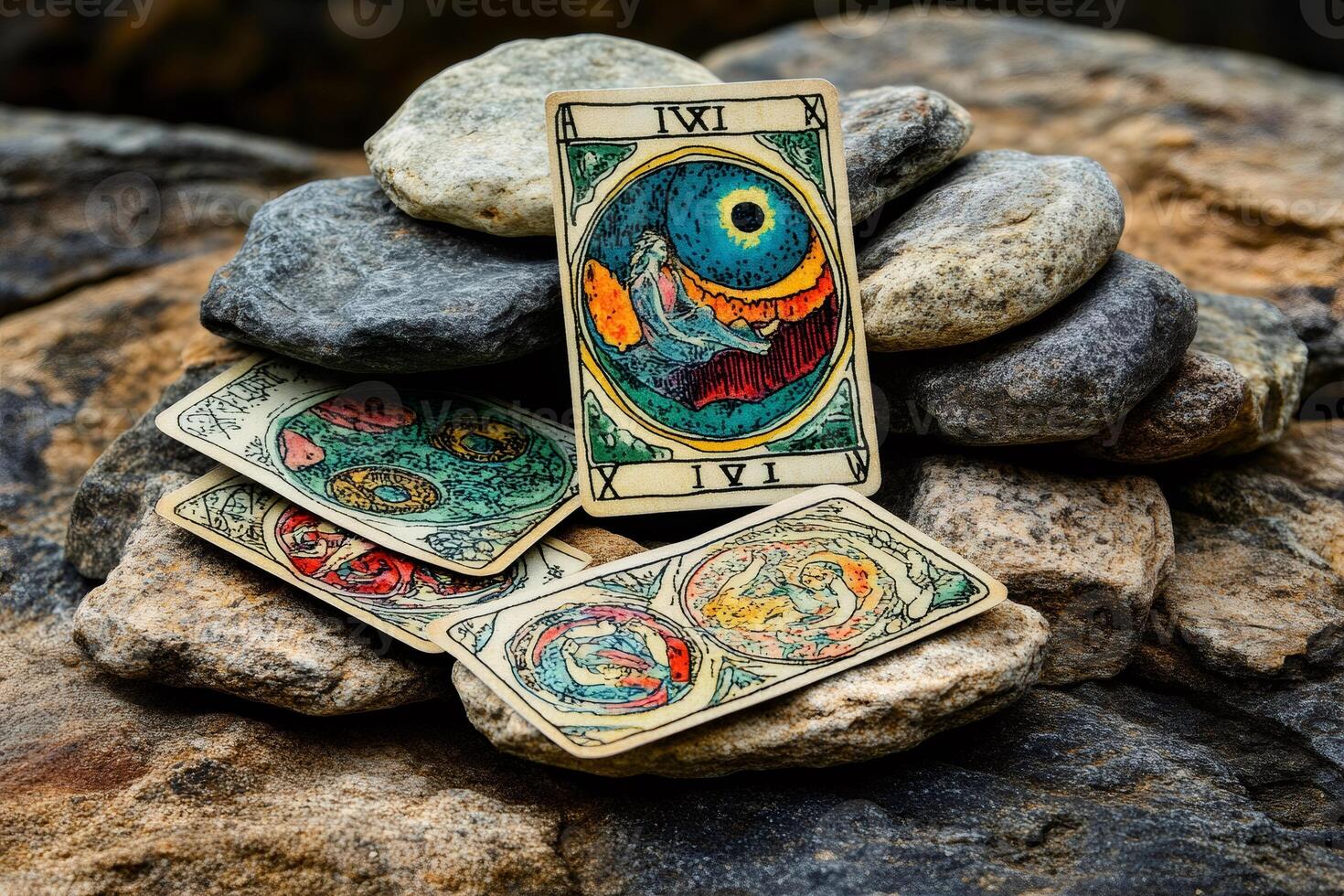 Fortune teller cards resting on stone surface in outdoor setting photo