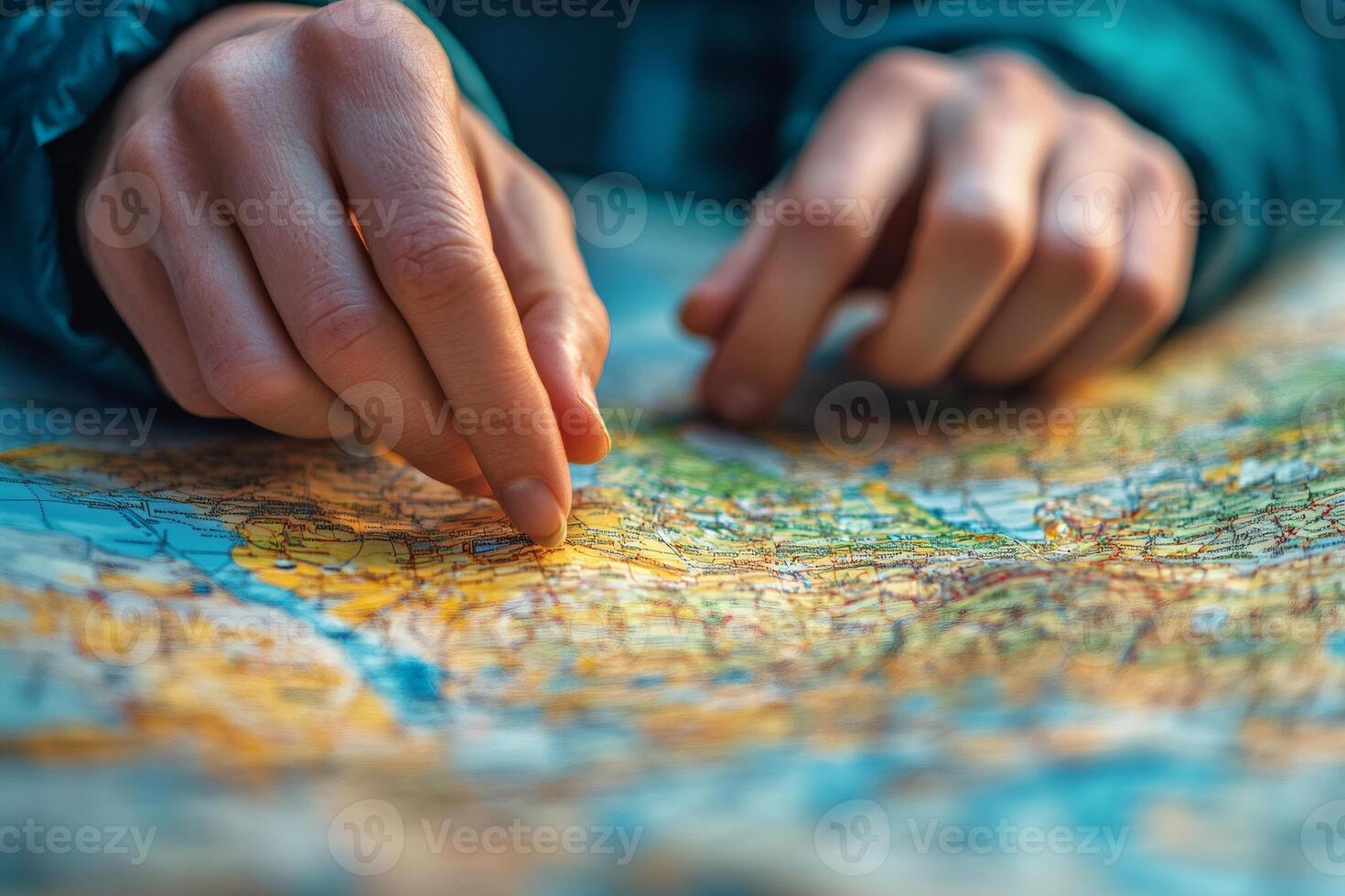 Traveler planning trip using paper map and pointing finger on destination photo