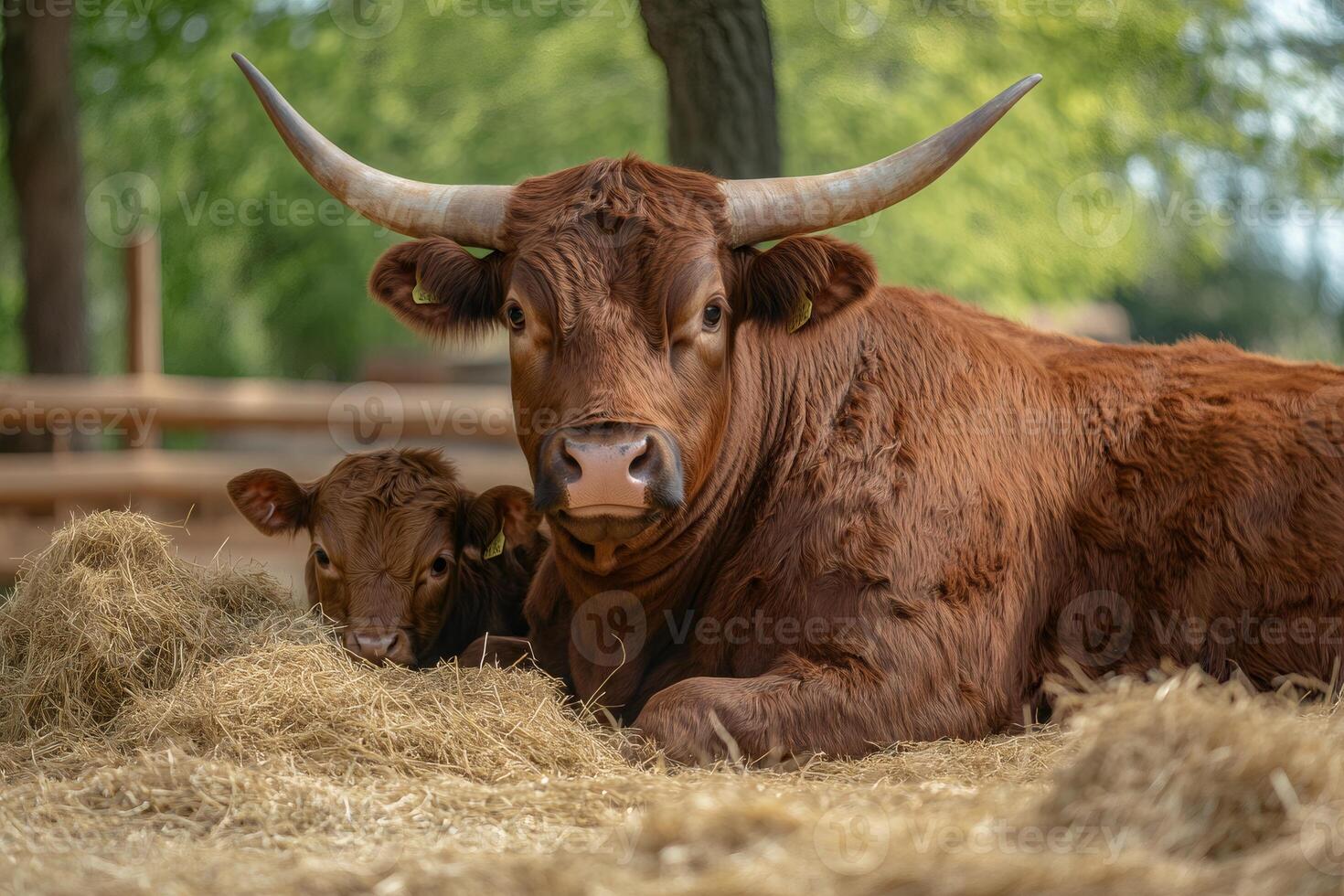 Dexter cattle resting on hay bale with calf in farm setting photo