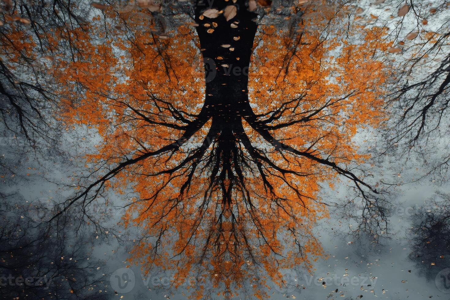 Orange autumn tree reflecting in puddle with fallen leaves photo