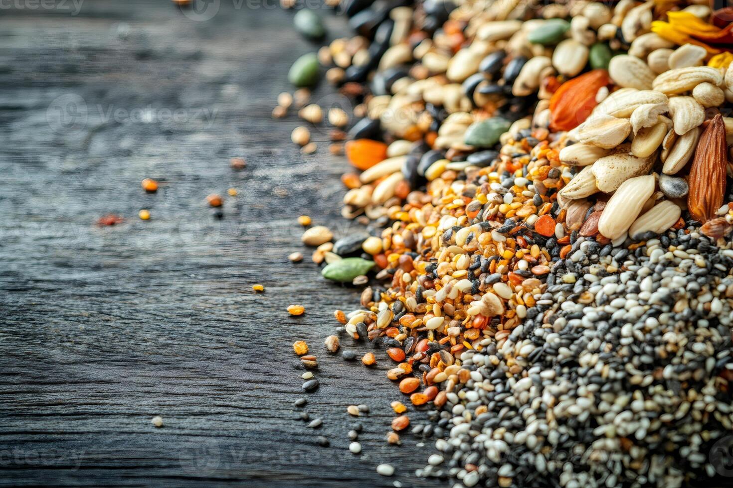 Various seeds lying on dark wooden table creating beautiful pattern photo