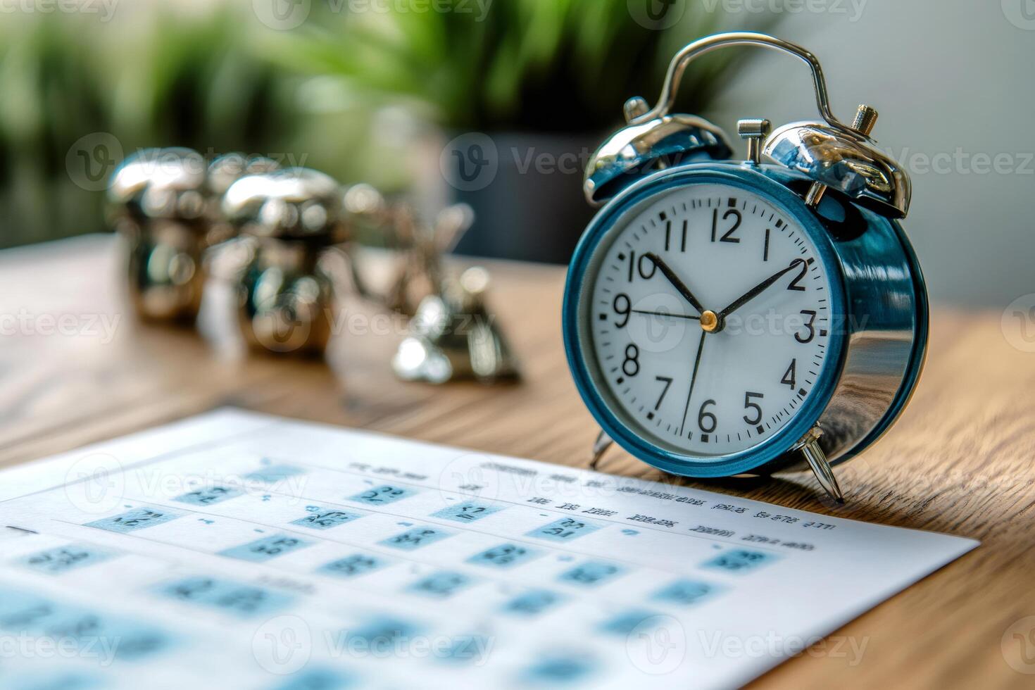 Blue alarm clock sitting on calendar showing time management and planning photo