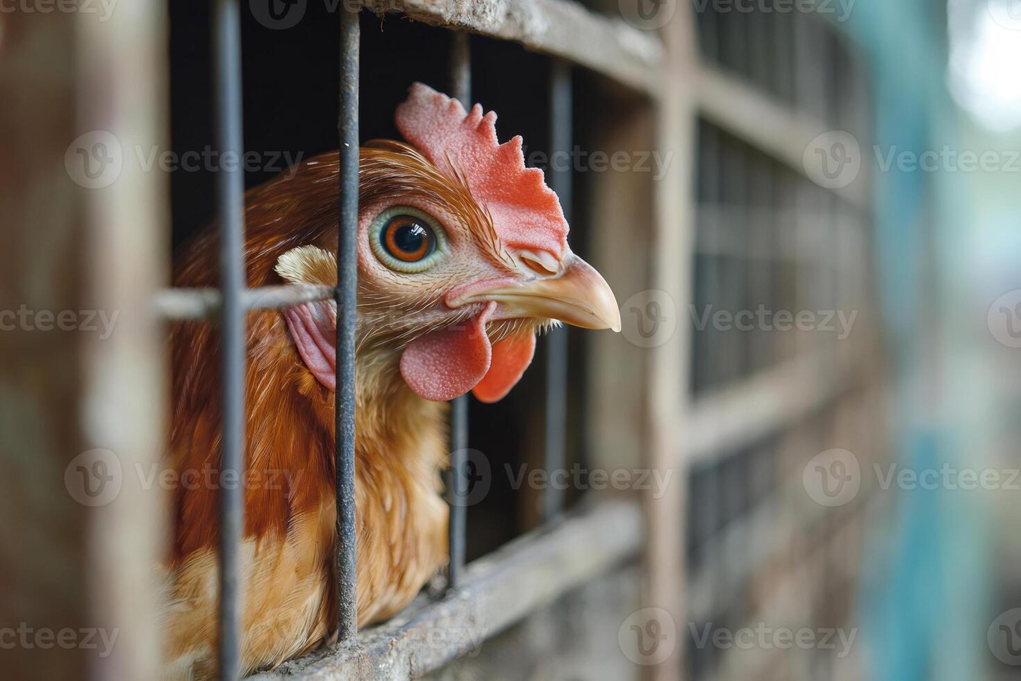 Brown hen peering out from behind metal bars of a cage photo