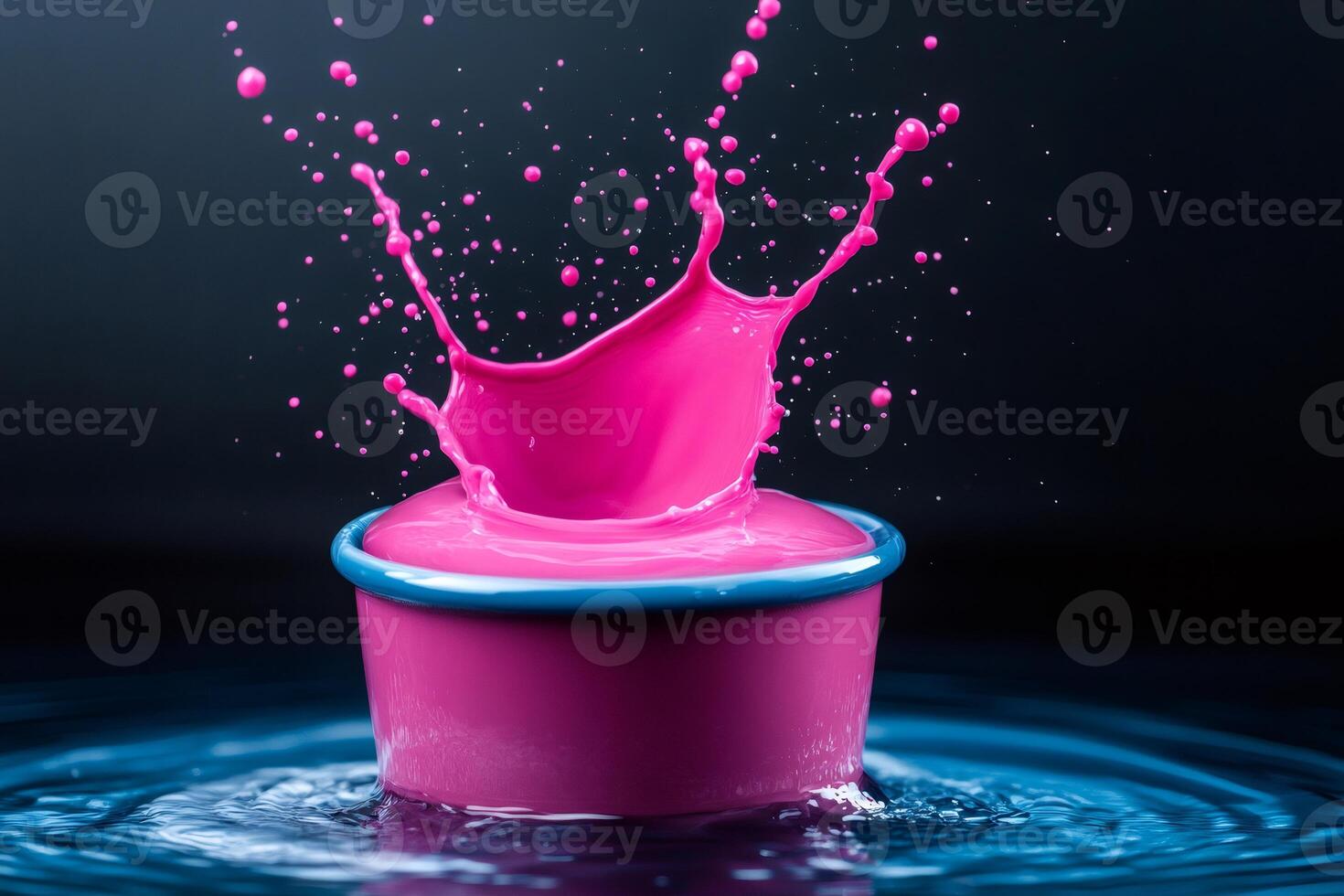 Pink paint splashing from a pink pot submerged in water with black background photo