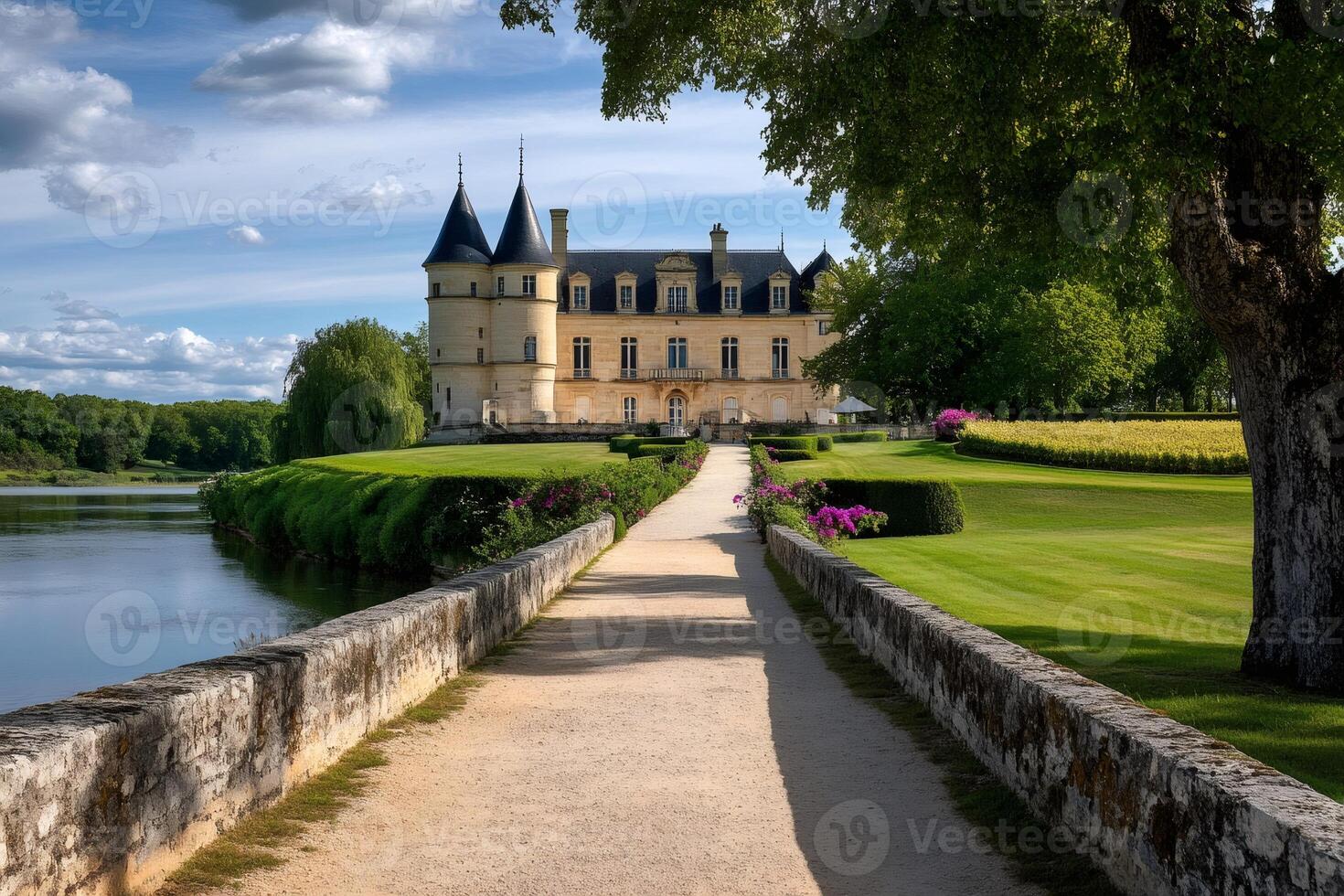 Pathway leading to picturesque french chateau surrounded by vineyards photo
