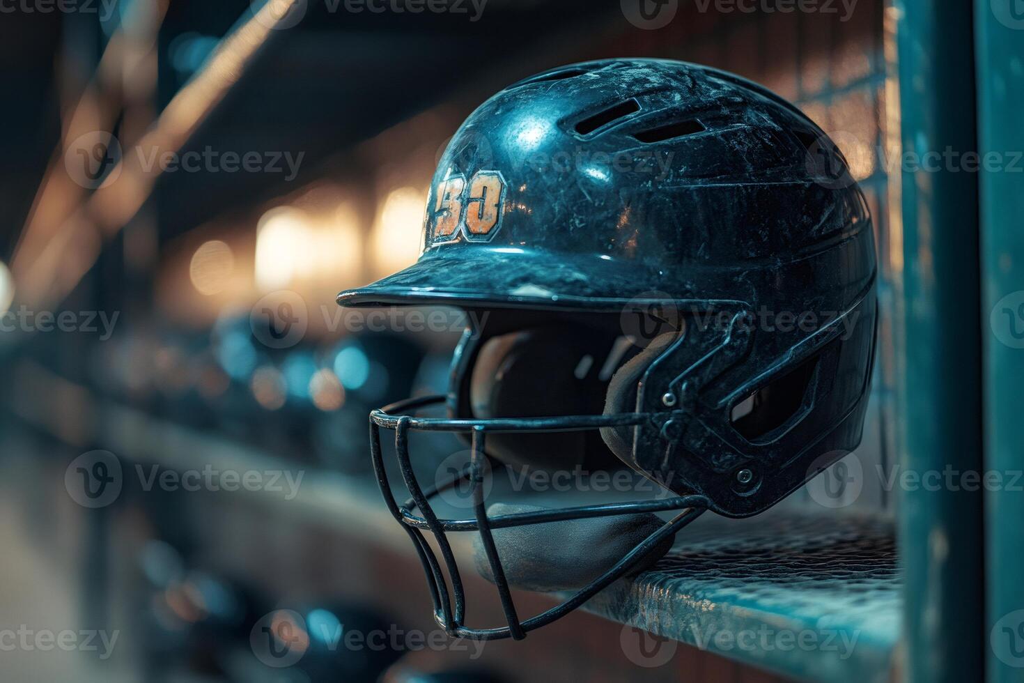 Baseball helmet resting on shelf in dugout, ready for next game photo