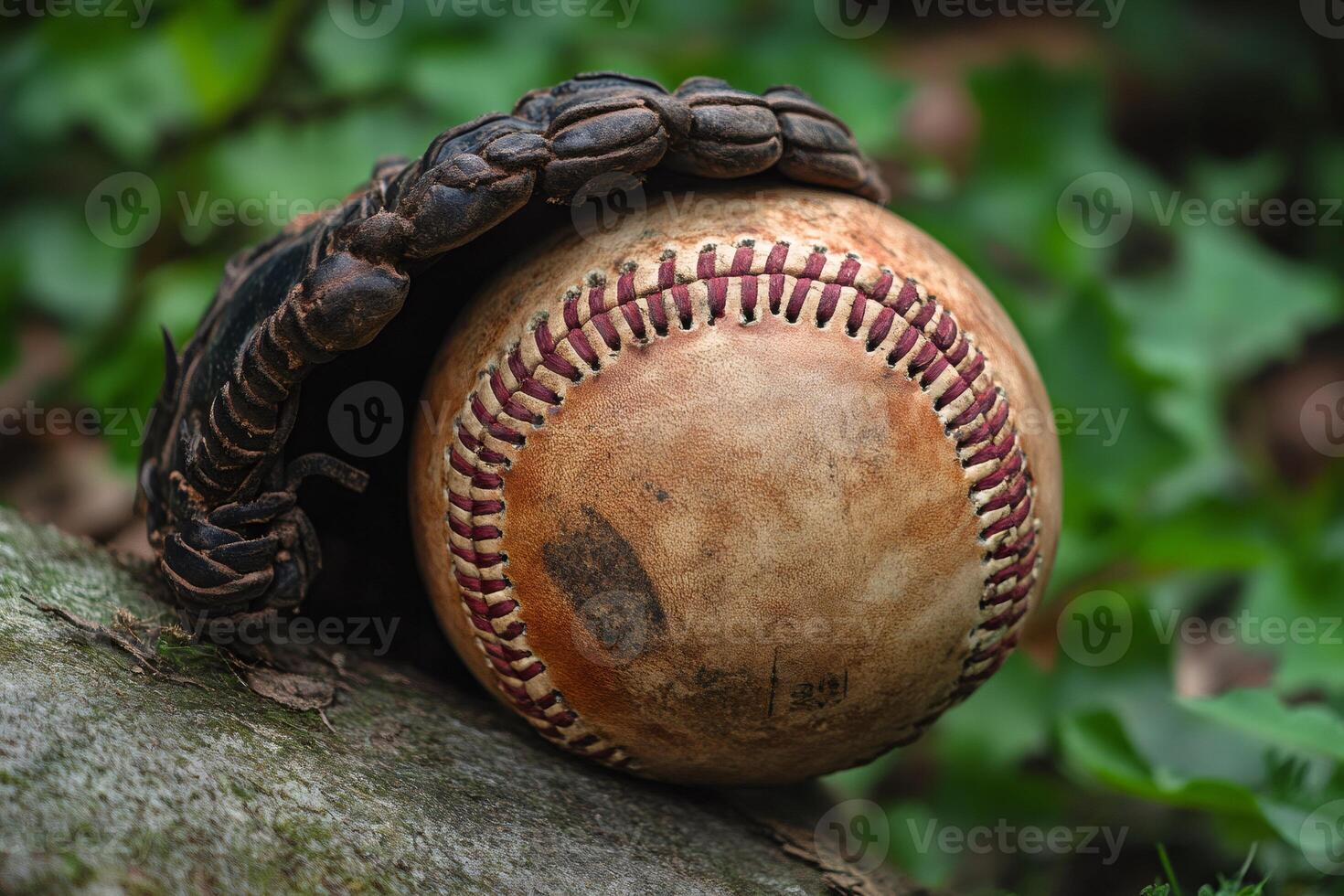 Old baseball and glove resting on a tree branch in nature photo
