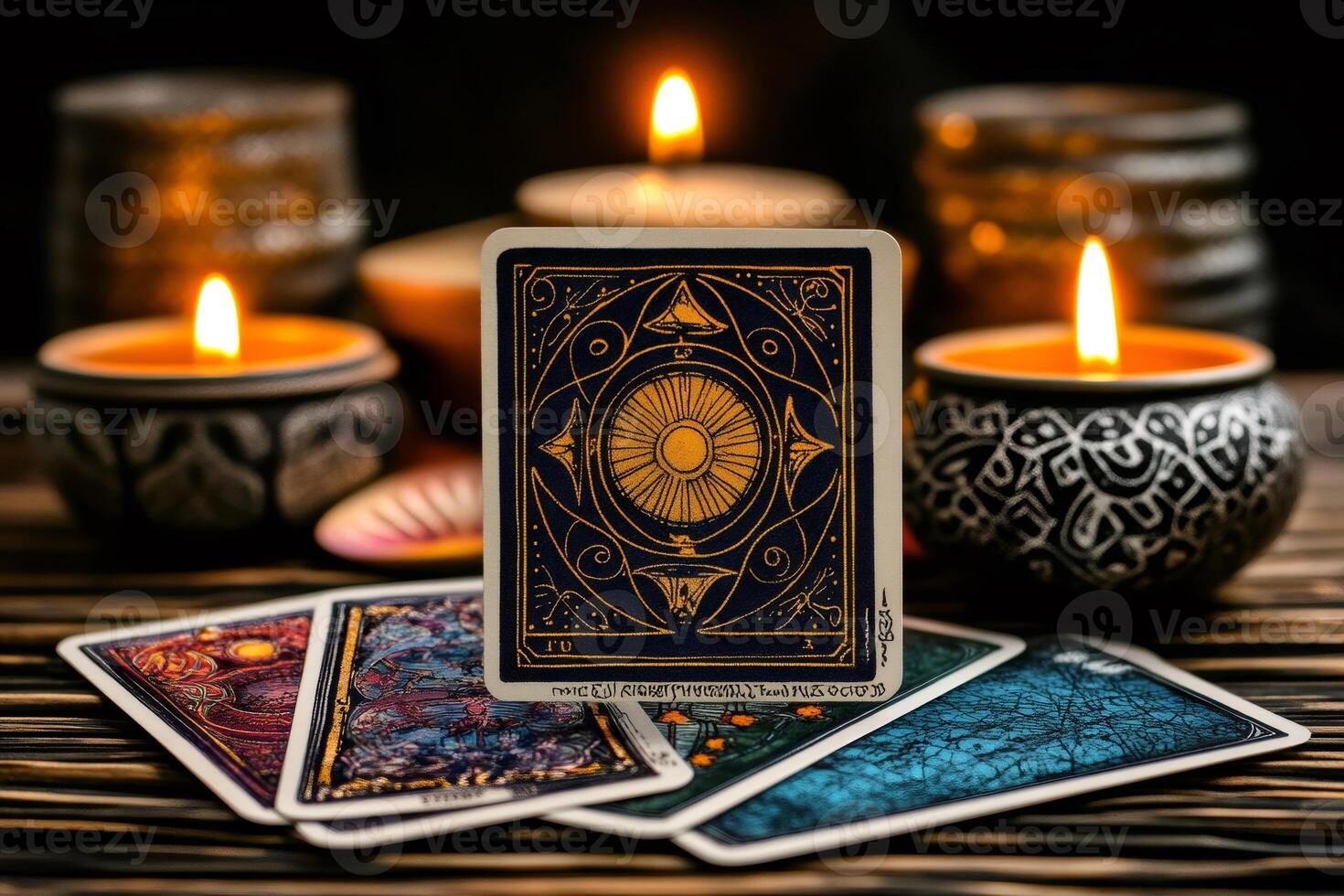 Fortune teller cards with esoteric back design surrounded by burning candles photo