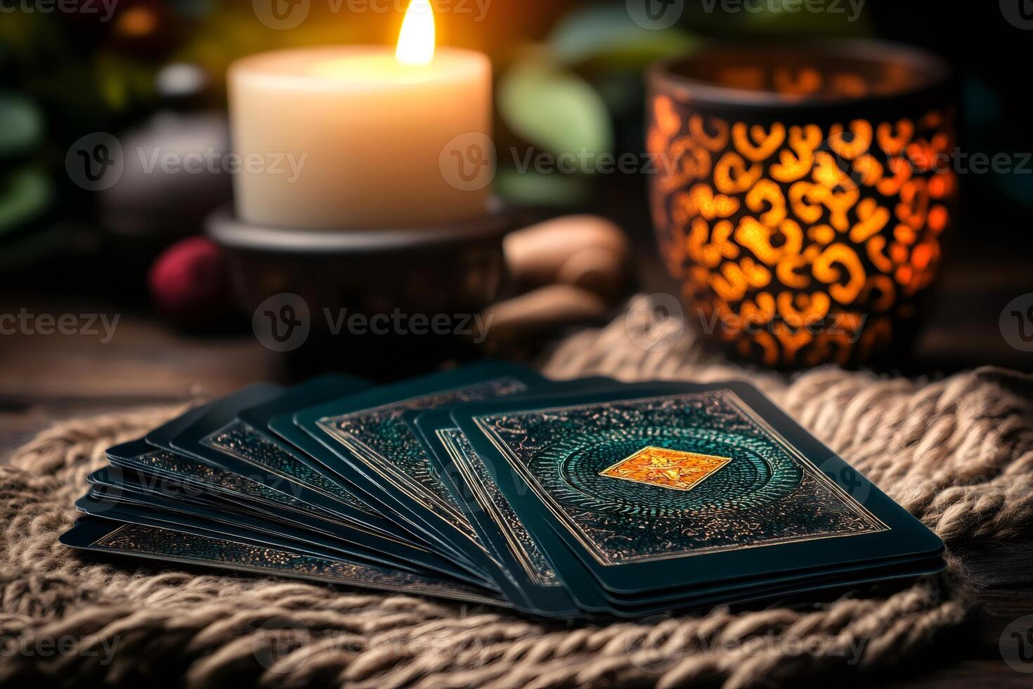 Fortune teller cards deck on table with burning candle and decorated candle holder photo