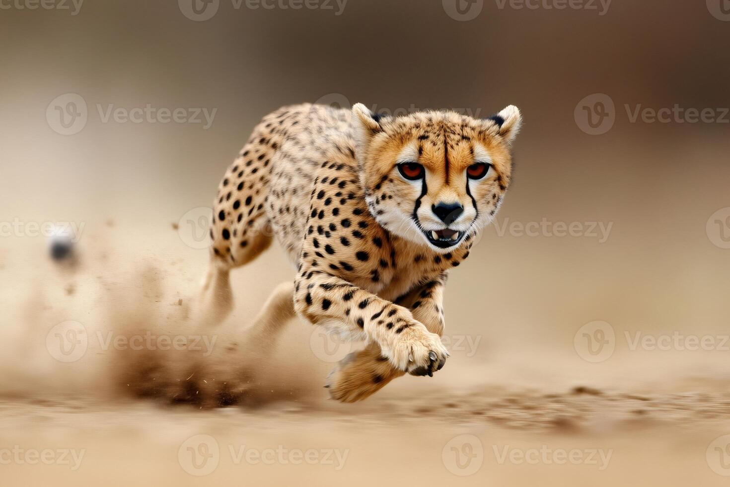 Cheetah running fast on dusty ground in the savannah photo