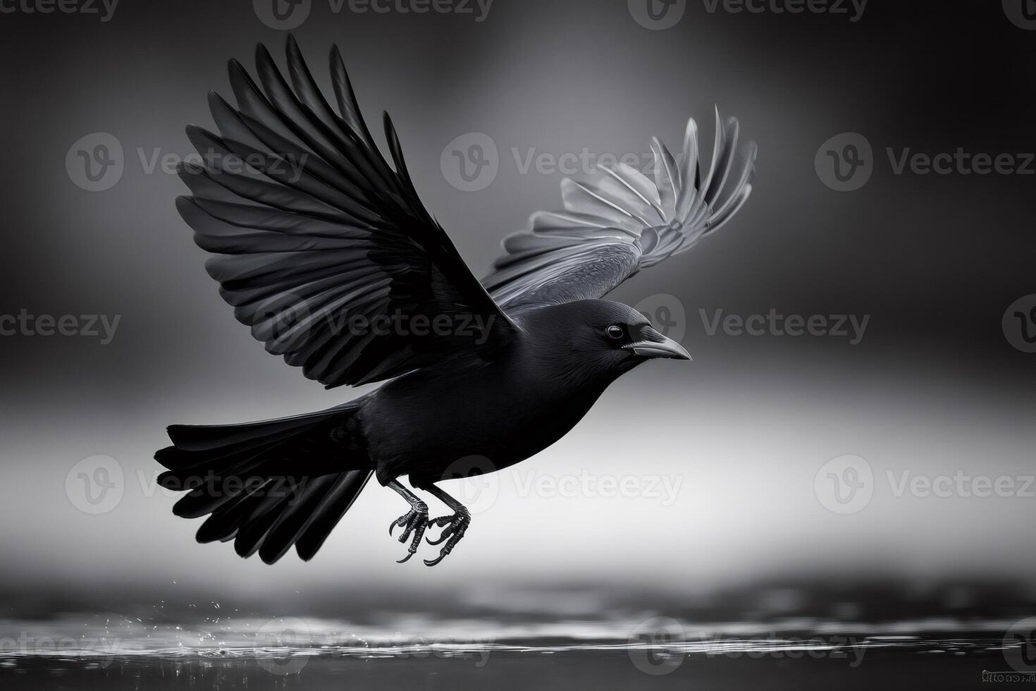 Blackbird taking off from water surface with wide open wings photo