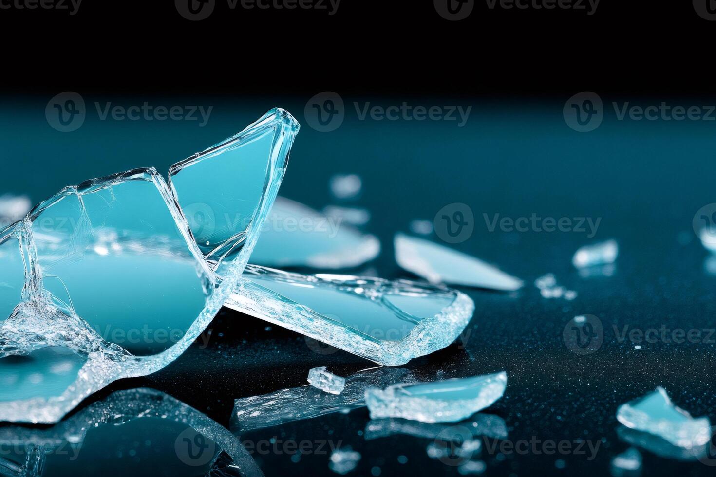 Broken glass shards reflecting on dark surface creating abstract composition photo