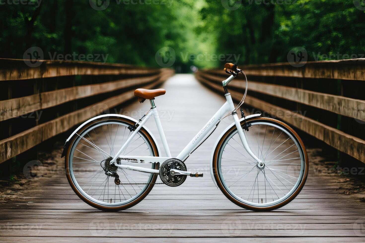 White bicycle standing on wooden bridge in green forest photo