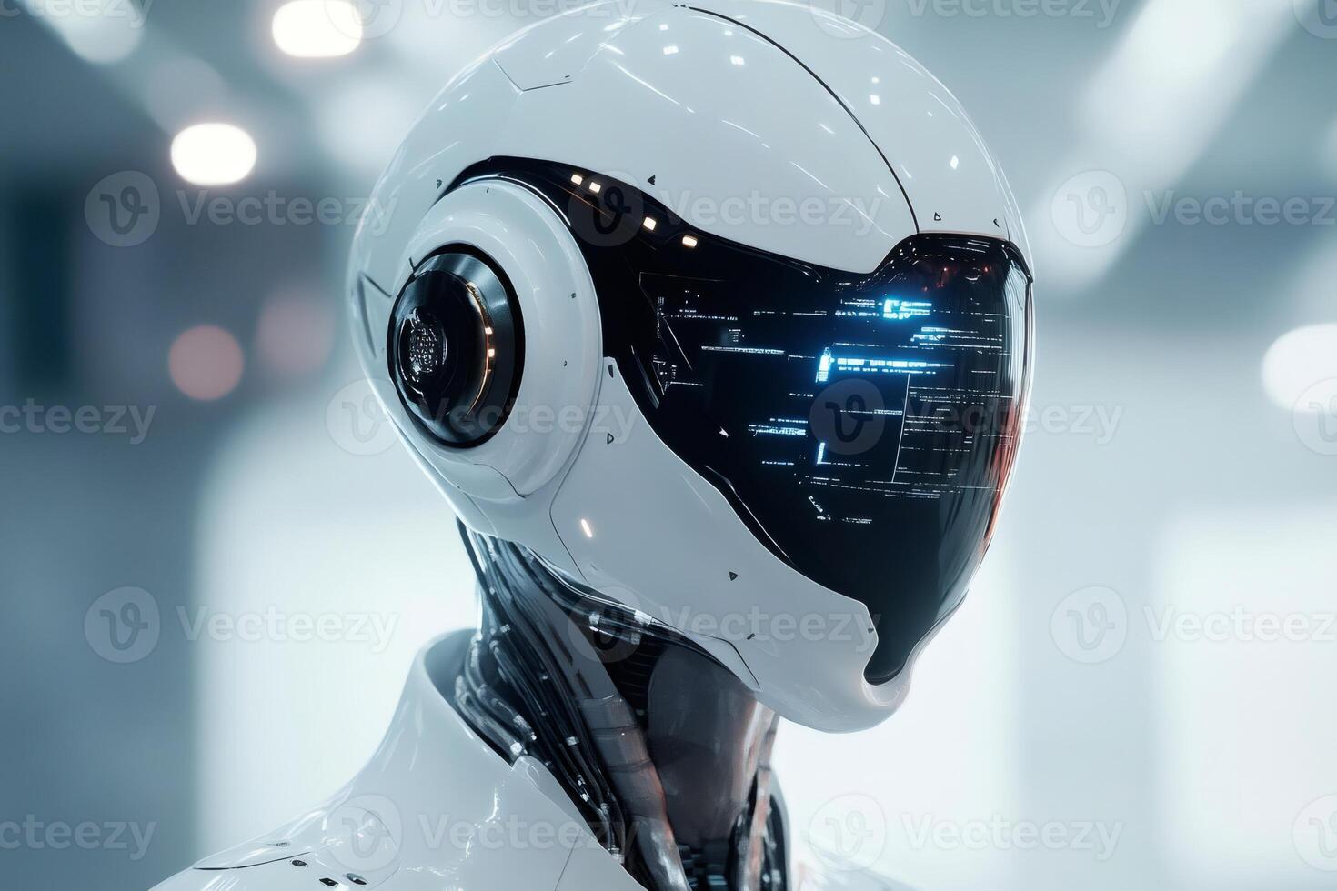 Futuristic robot analyzing data with head up display in modern laboratory photo