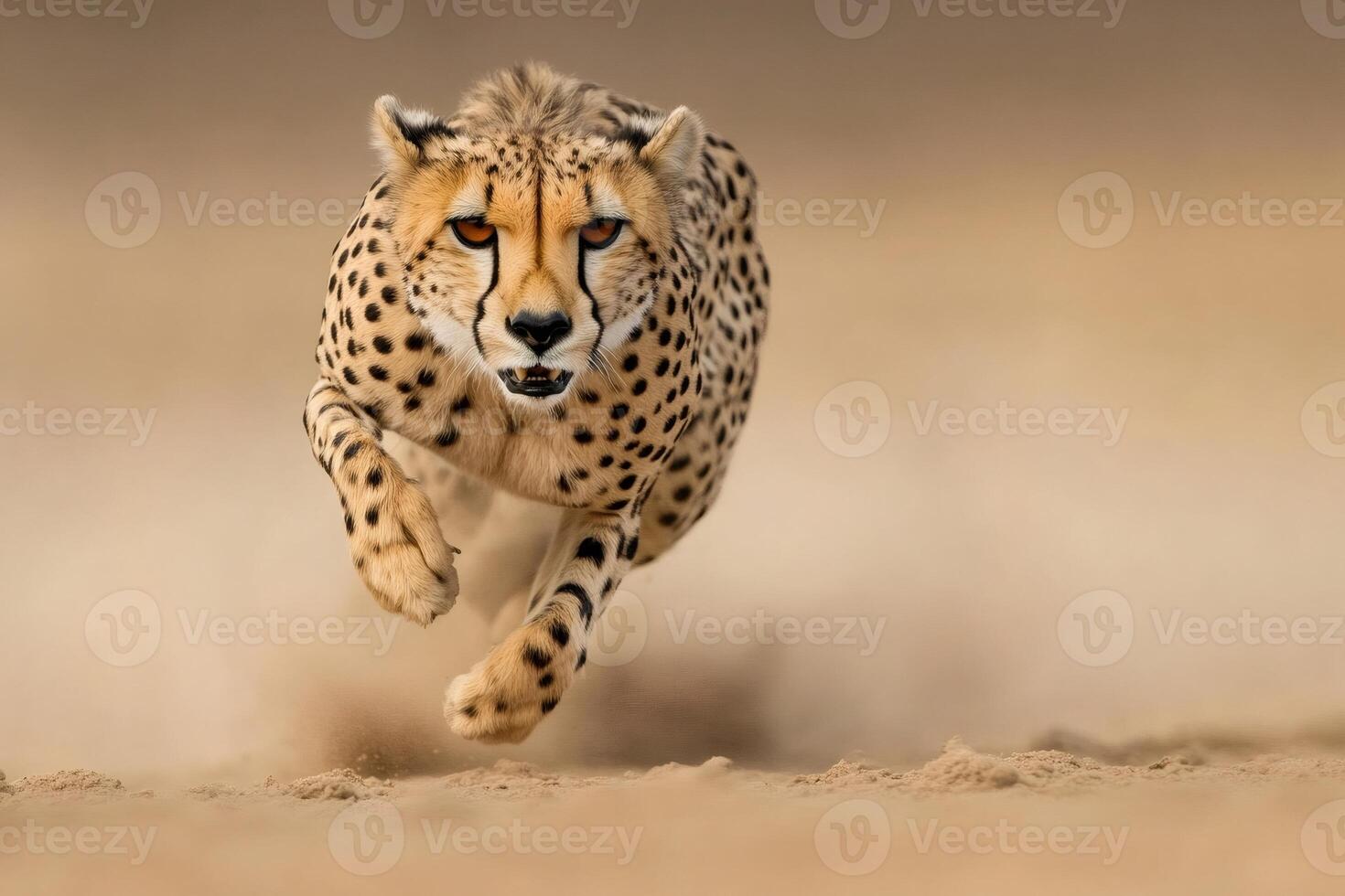 Cheetah running at full speed in the desert photo