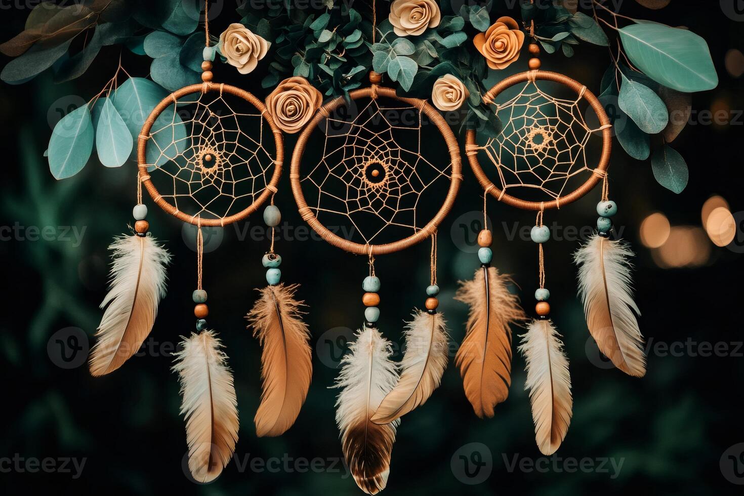 Dream catchers hanging with feathers and beads on a green background photo