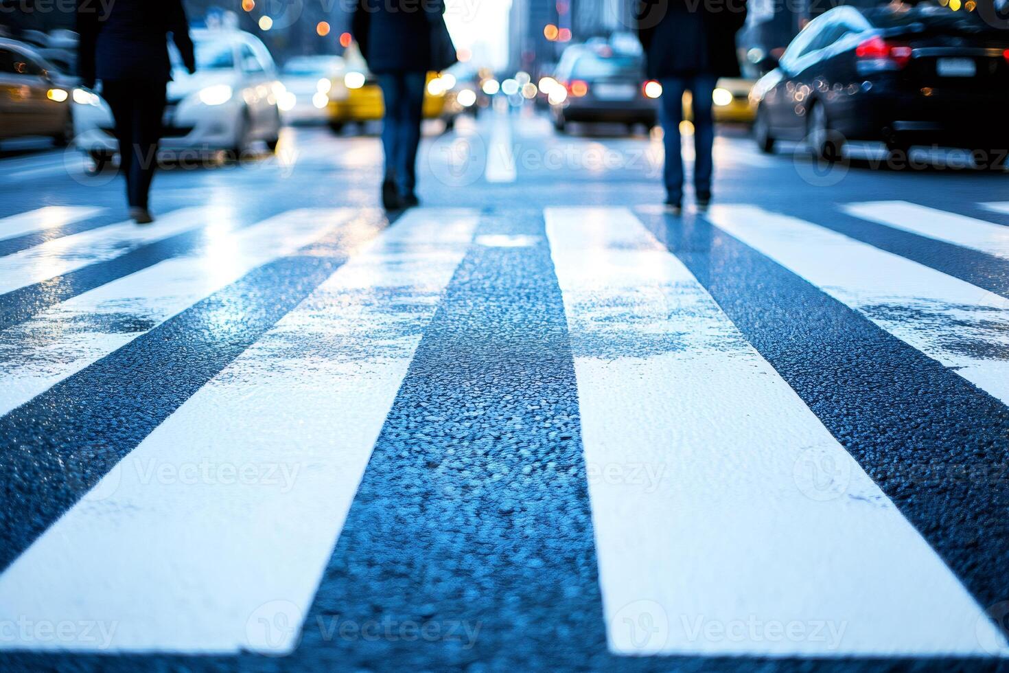 People crossing wet crosswalk in city center photo