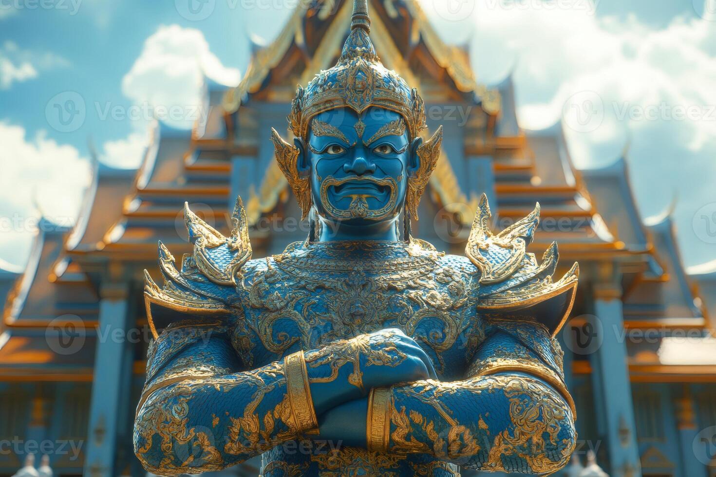 Giant blue guardian statue standing with folded arms in front of buddhist temple photo