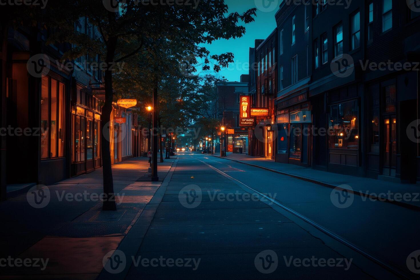 Empty city street illuminating at twilight with warm colors photo