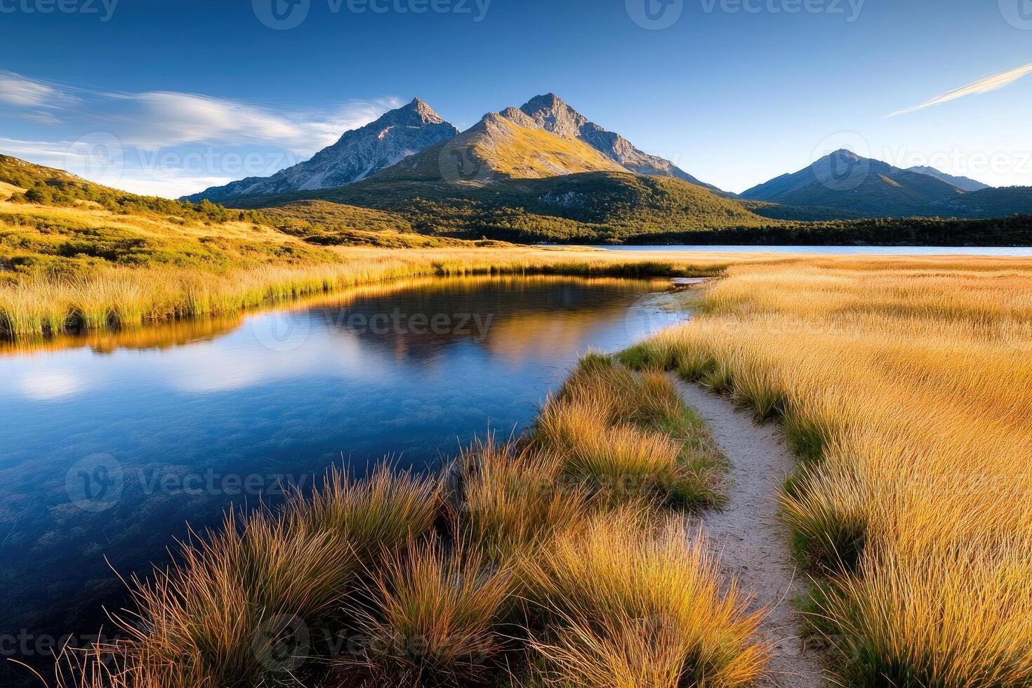 Mountain reflecting in alpine lake with golden meadows at sunset photo