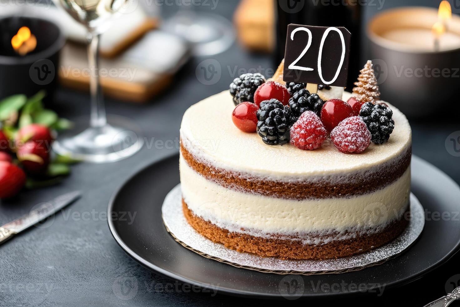 Delicious layered cake celebrating a 20th anniversary or birthday photo