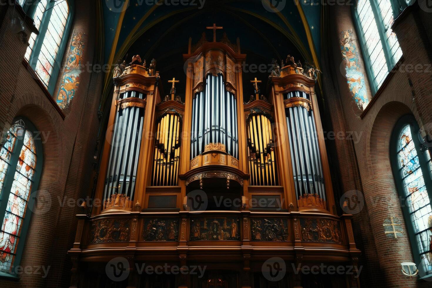 Majestic pipe organ dominating church interior with stained glass windows photo