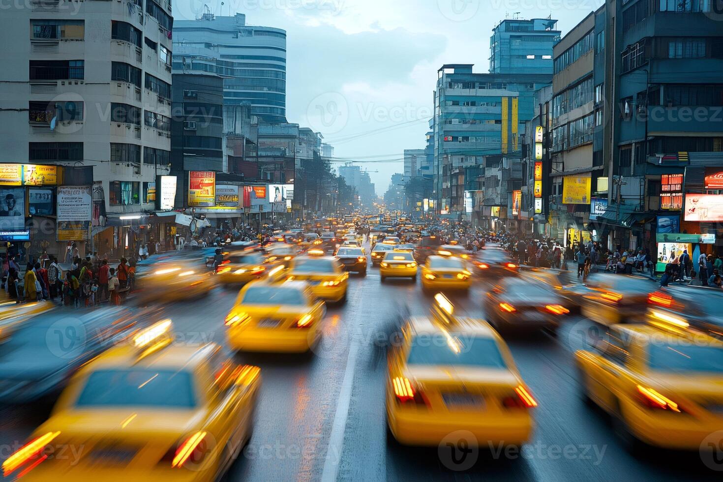 Yellow taxi cabs speeding in downtown taipei, taiwan, during rush hour photo