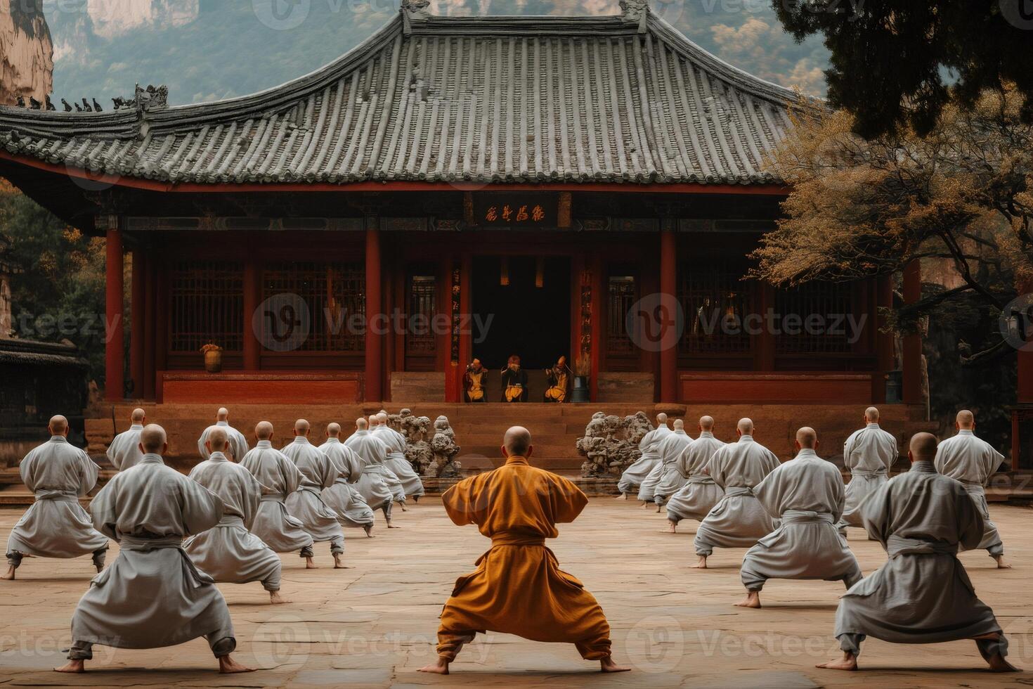 Shaolin monks practicing kung fu in front of temple photo