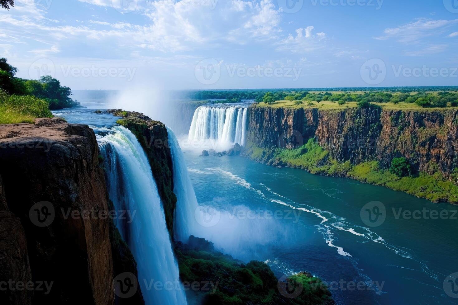 Victoria falls cascading down into zambezi river gorge in sunny day photo