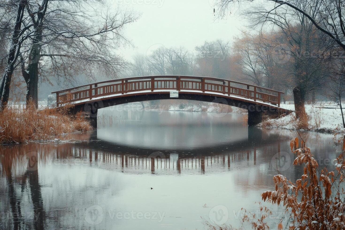 Wooden bridge reflecting on a lake during snowfall in a park photo
