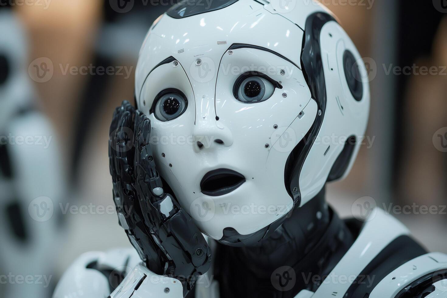 Humanoid robot showing fear and surprise emotion photo