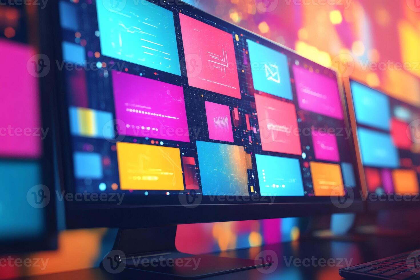 Modern workplace showing multiple computer screens displaying colorful user interface elements photo