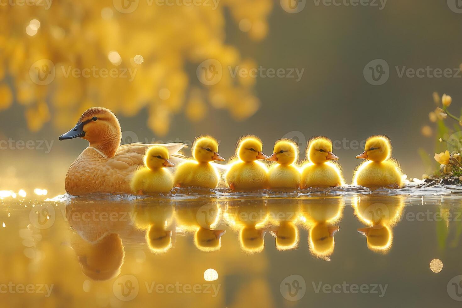 Mother duck swimming with her ducklings on golden water photo