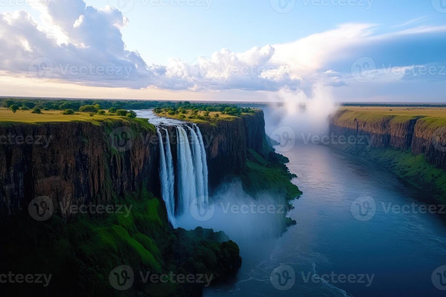 Victoria falls creating mist and spraying water at sunset in zimbabwe photo