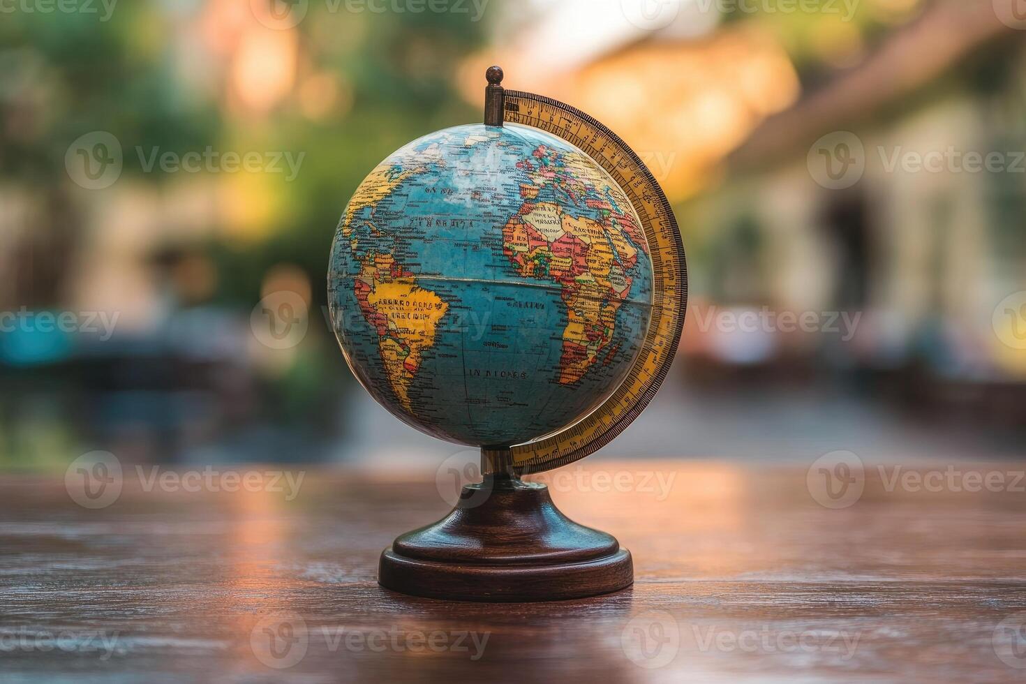 Vintage globe showing world map sitting on wooden table photo