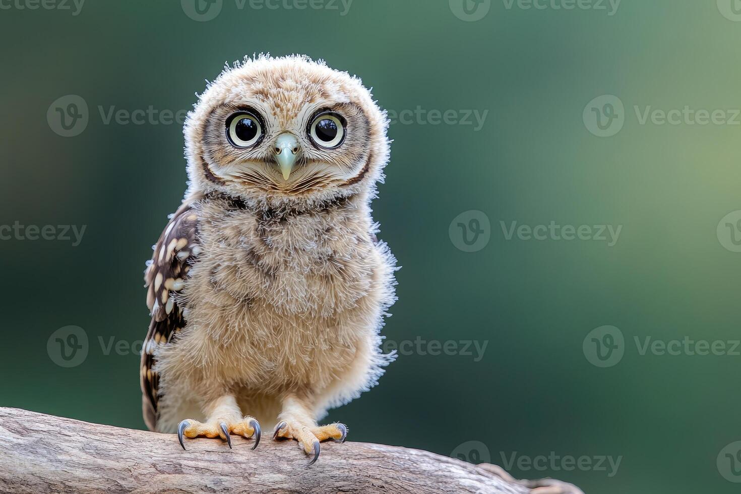 Cute spotted owlet chick perching on branch with intense gaze photo