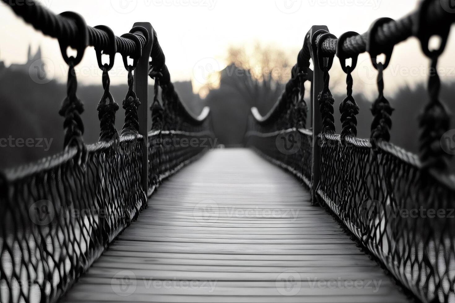Narrow rope bridge leading into the distance at dawn photo