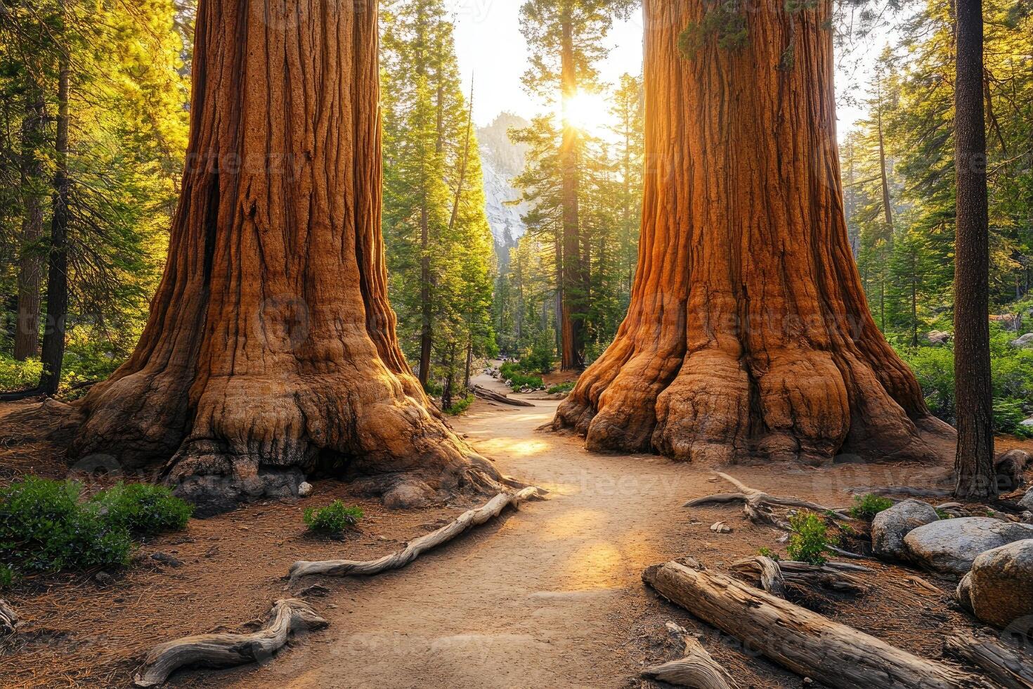 Sunlight illuminating path between two giant sequoia trees in sequoia national park photo