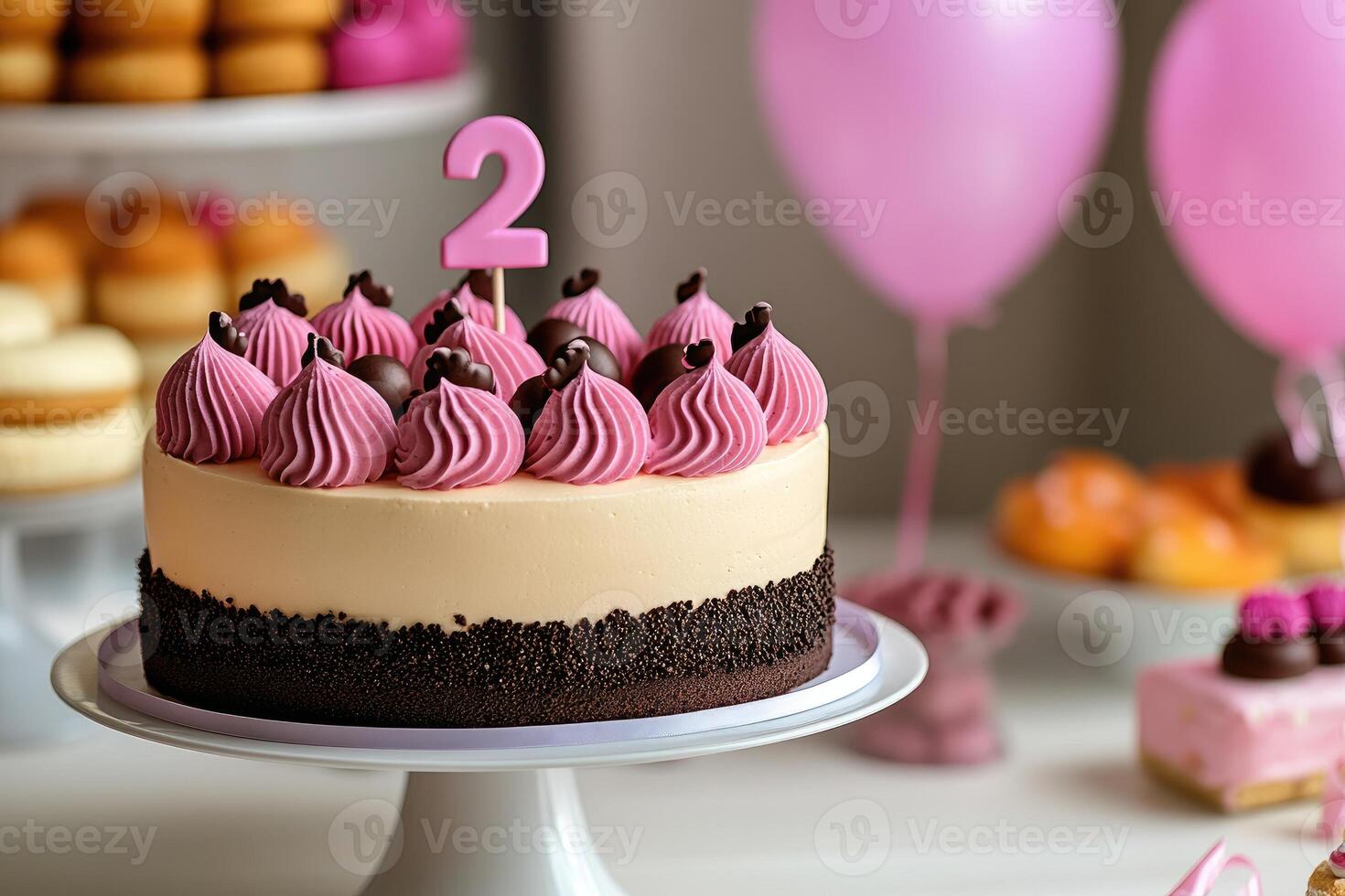 Delicious cake celebrating second birthday with pink decorations and balloons photo