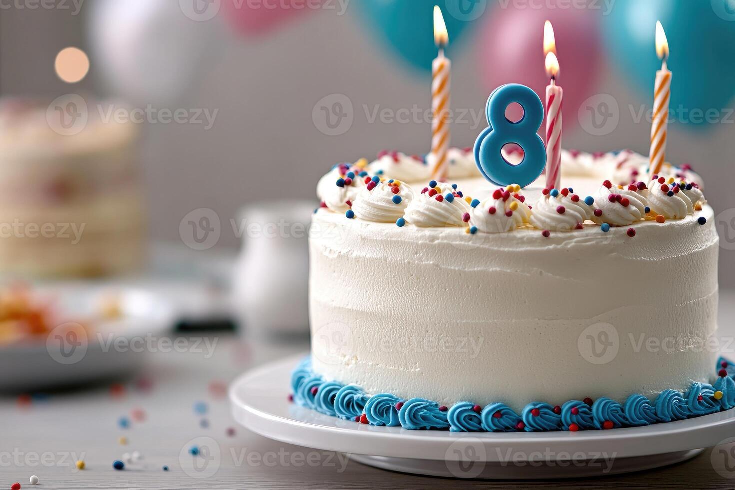 Delicious birthday cake celebrating 81 years with lit candles and colorful sprinkles photo