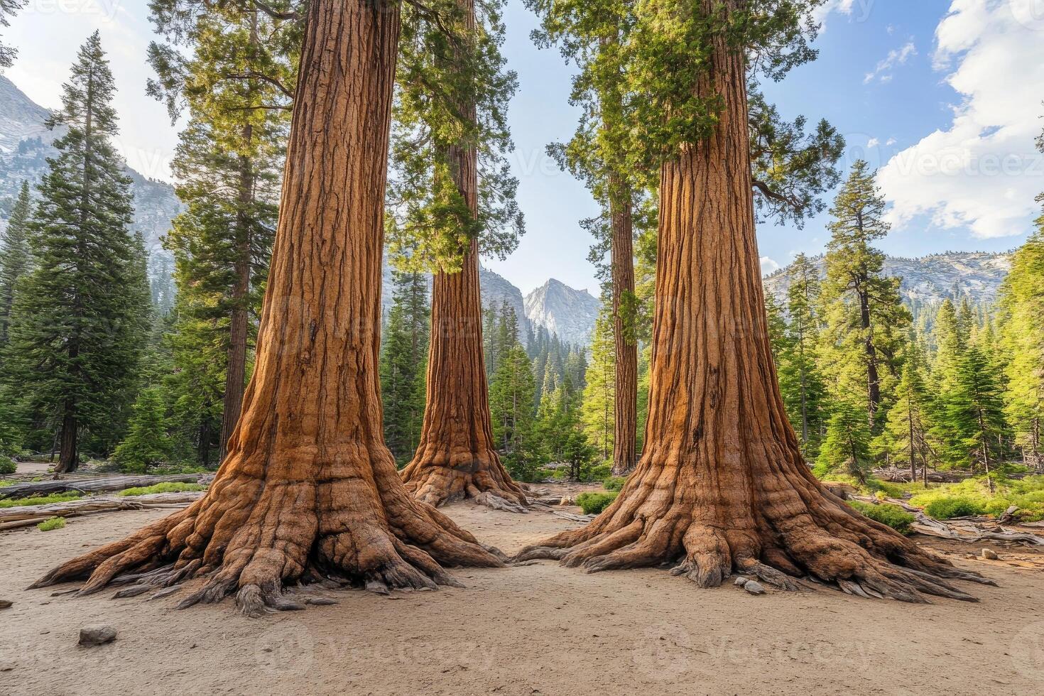Giant sequoia redwood trees towering over scenic landscape in sequoia national park photo